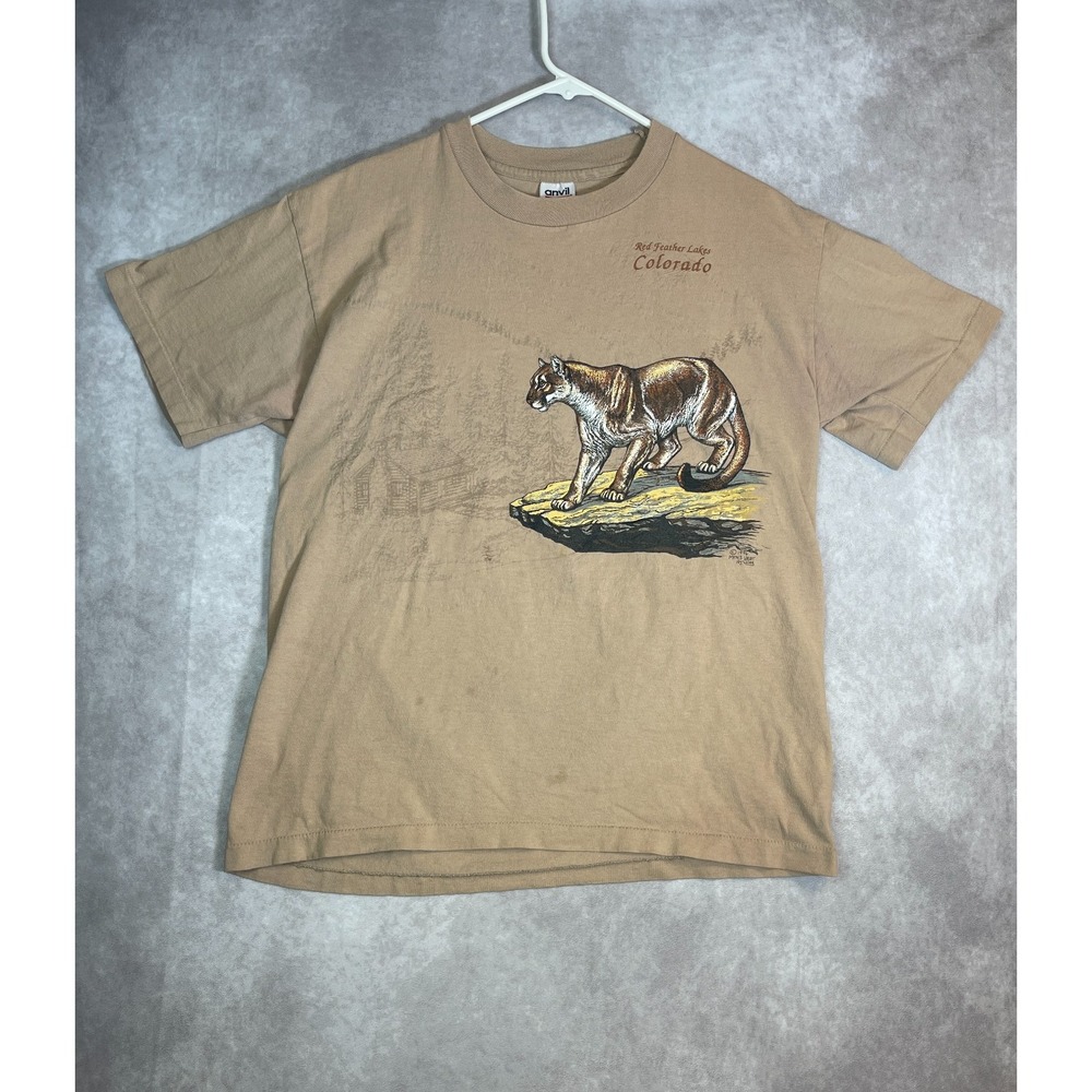 VINTAGE Mountain Lion Shirt Mens Large Brown Tee Nature Colorado USA Made 90s